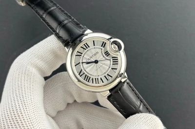 Ballon Bleu De cartier writing instruments dupe 33mm NH05 Movement Black Leather Strap White Face Watch